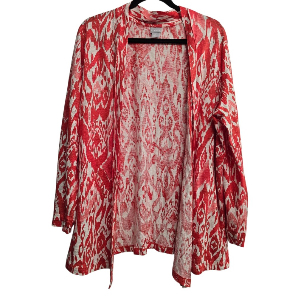 Chico's Ikat Print linen Cardigan XL Red Cream Boho Resort Coastal Grandma artsy